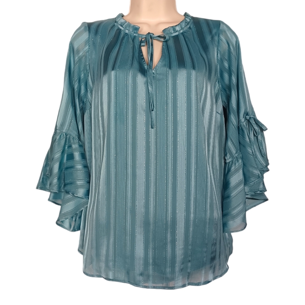 LC LAUREN CONRAD Blue Green Shimmer Stripe Print Flare Sleeve Top Small